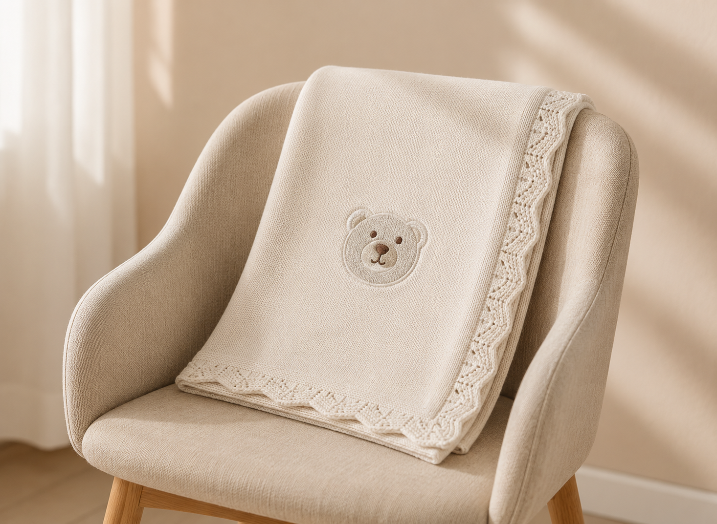 Soft beige baby blanket with cute embroidered bear