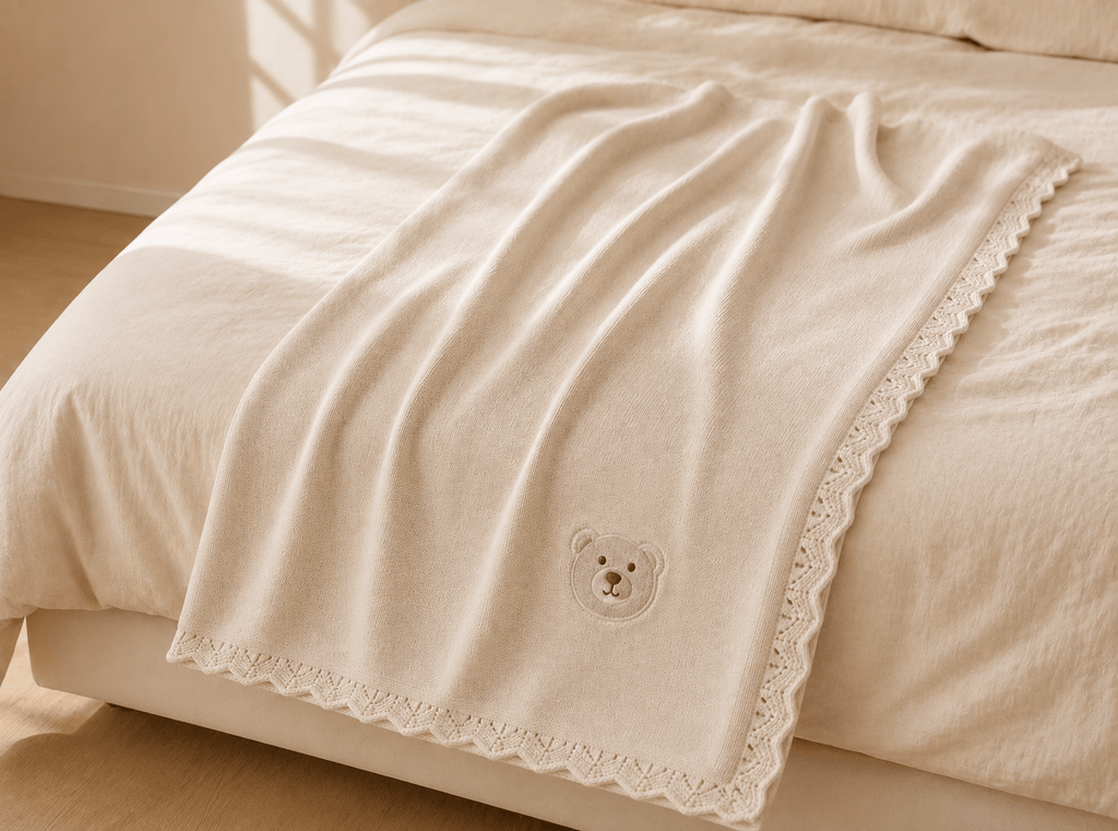 Soft beige baby blanket with cute embroidered bear