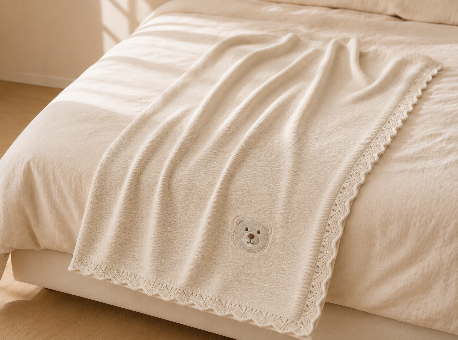 Soft beige baby blanket with cute embroidered bear
