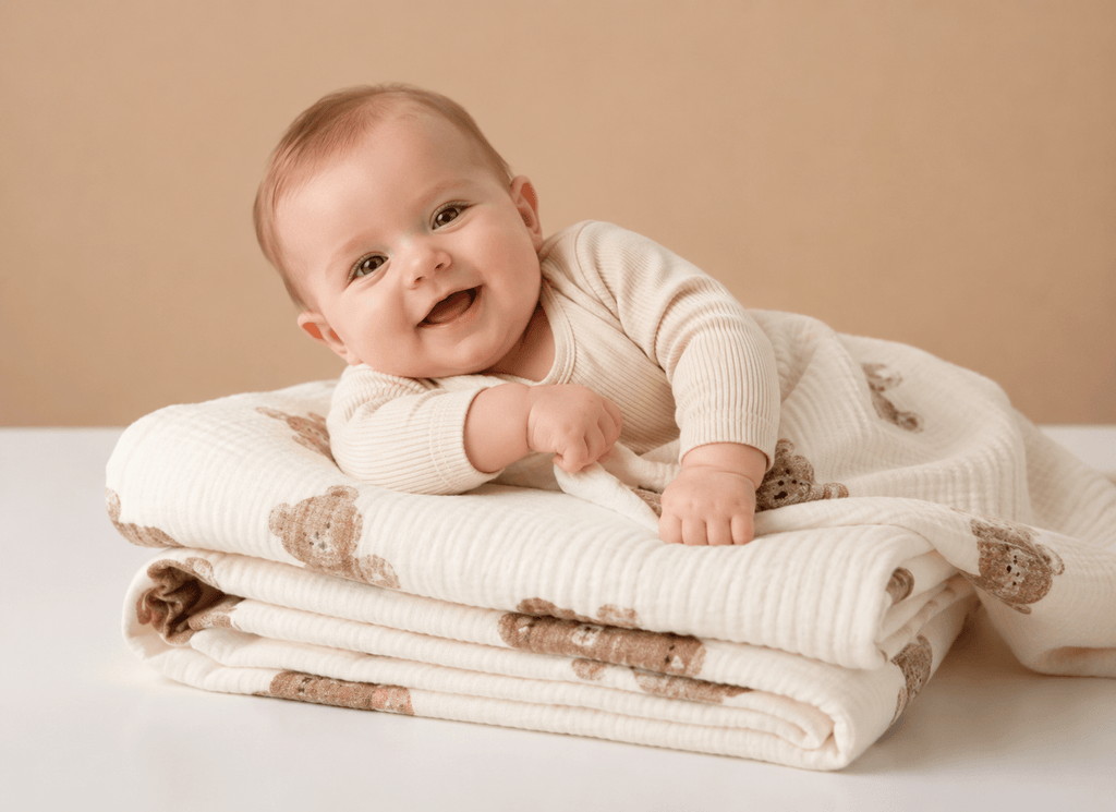 Soft beige bear-themed baby blanket