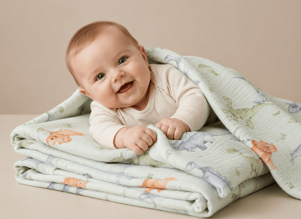 Light dinosaur-themed green baby blanket