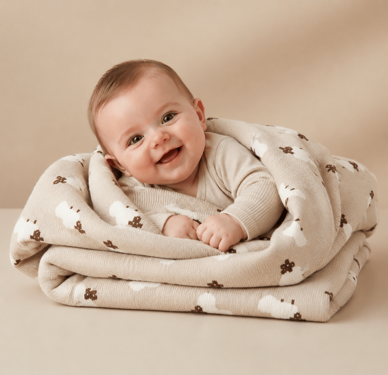 Soft sheep-themed beige baby blanket