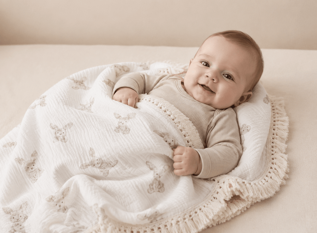 Soft bunny-themed beige baby blanket