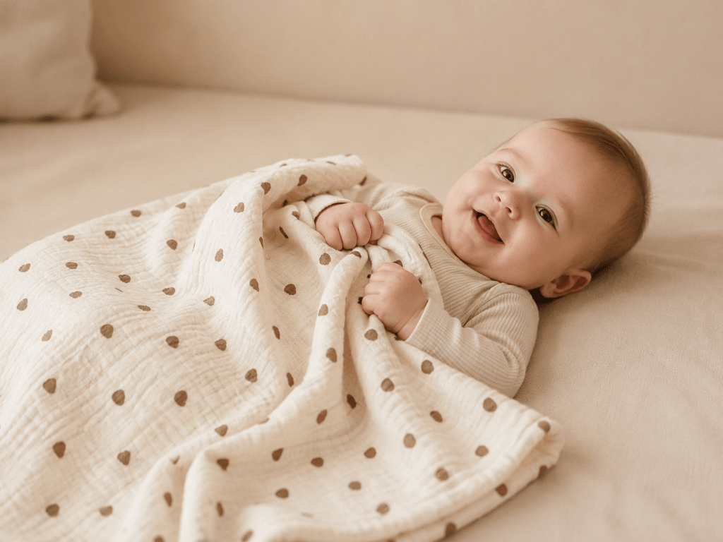 Light heart-themed beige baby blanket