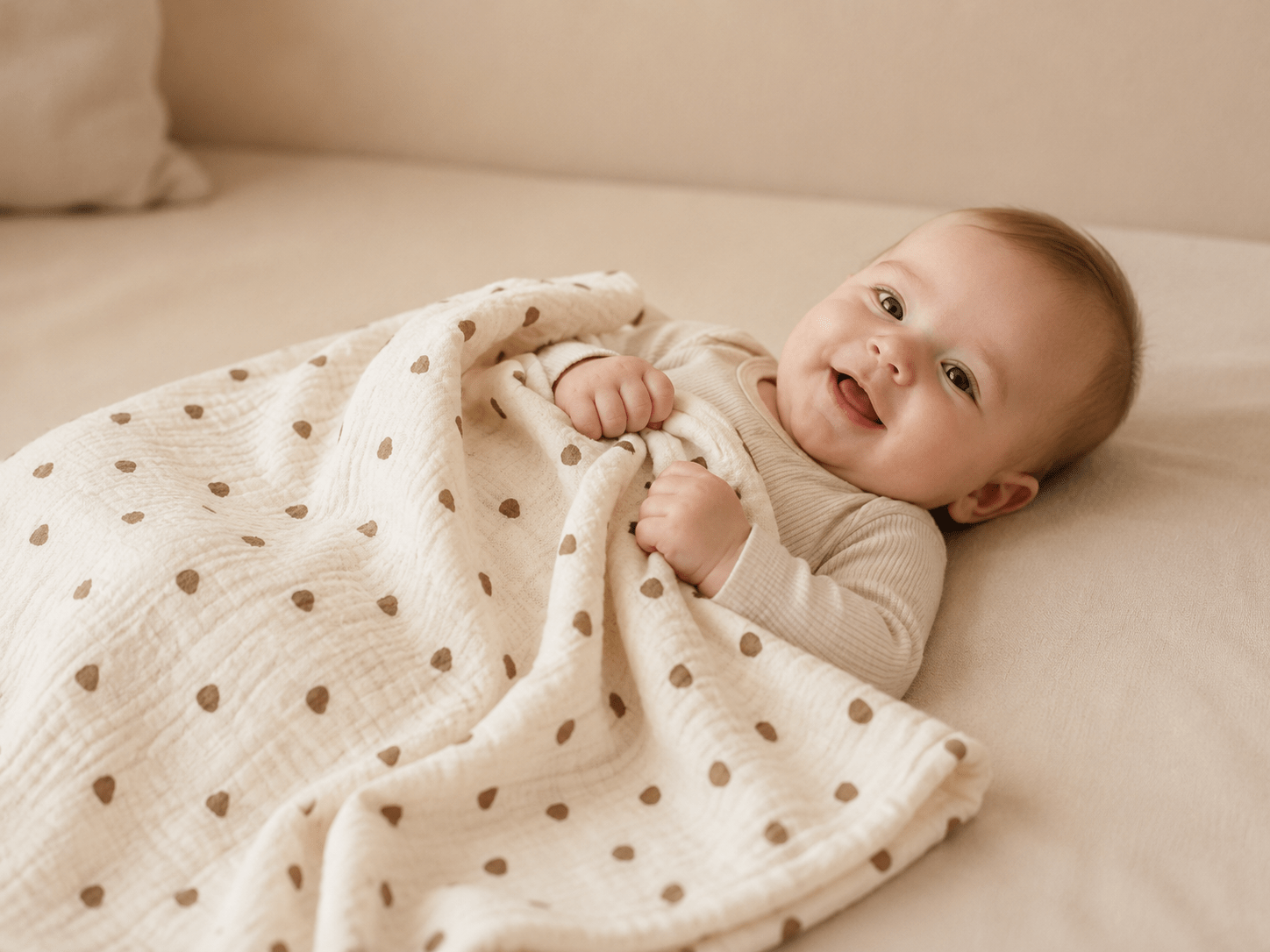 Light heart-themed beige baby blanket