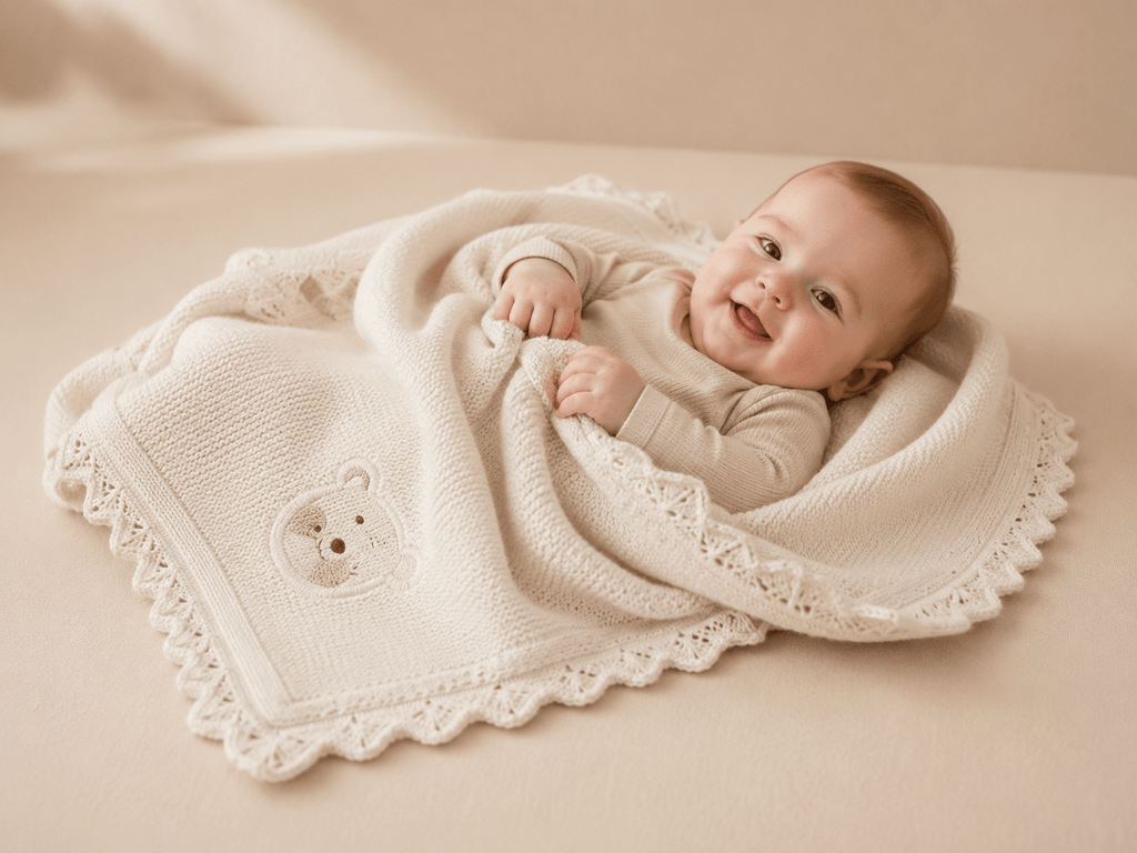 Soft beige baby blanket with cute embroidered bear
