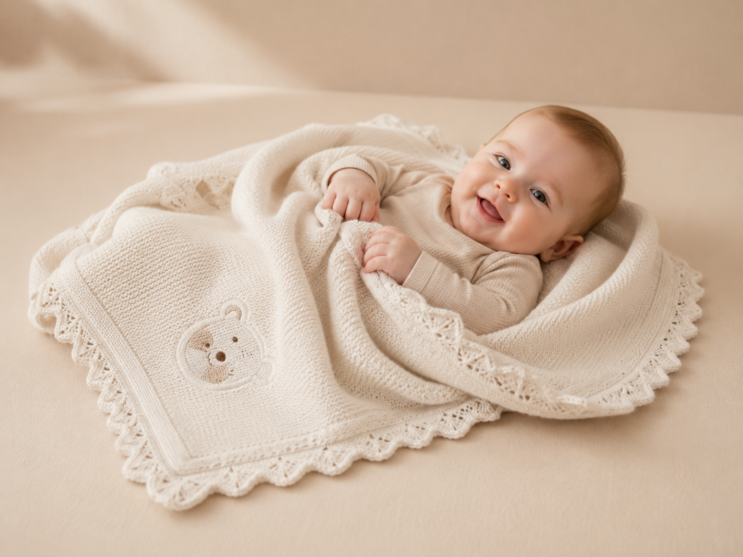 Soft beige baby blanket with cute embroidered bear