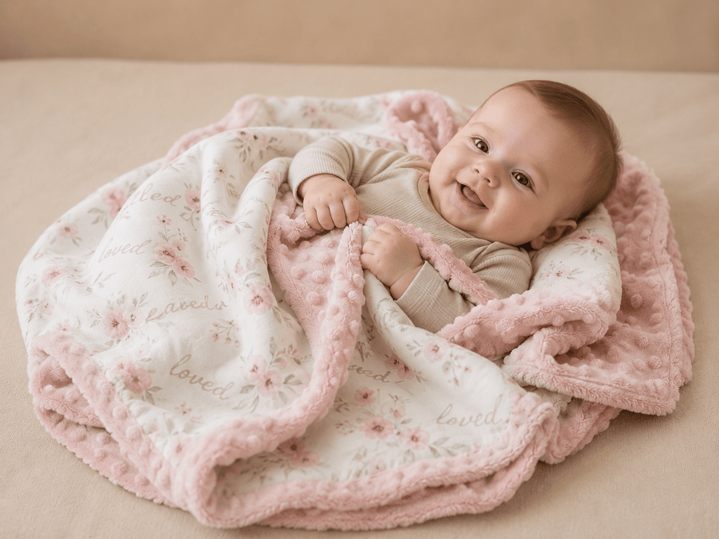 Soft floral pink baby blanket with dotted backing