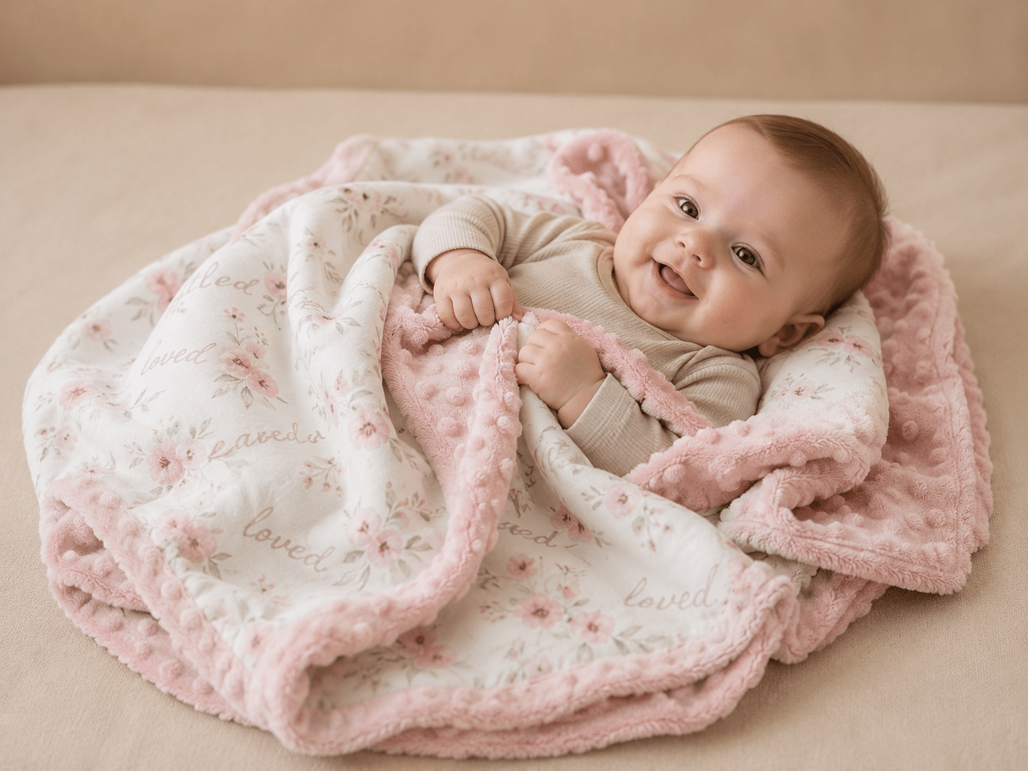 Soft floral pink baby blanket with dotted backing