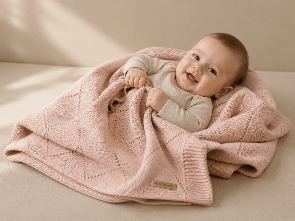 Soft hearth-themed knitted pink baby blanket