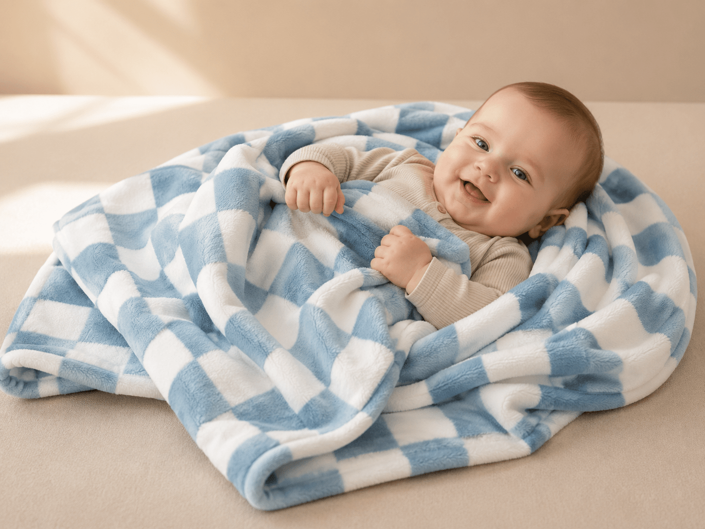 Soft checkered blue and white baby blanket