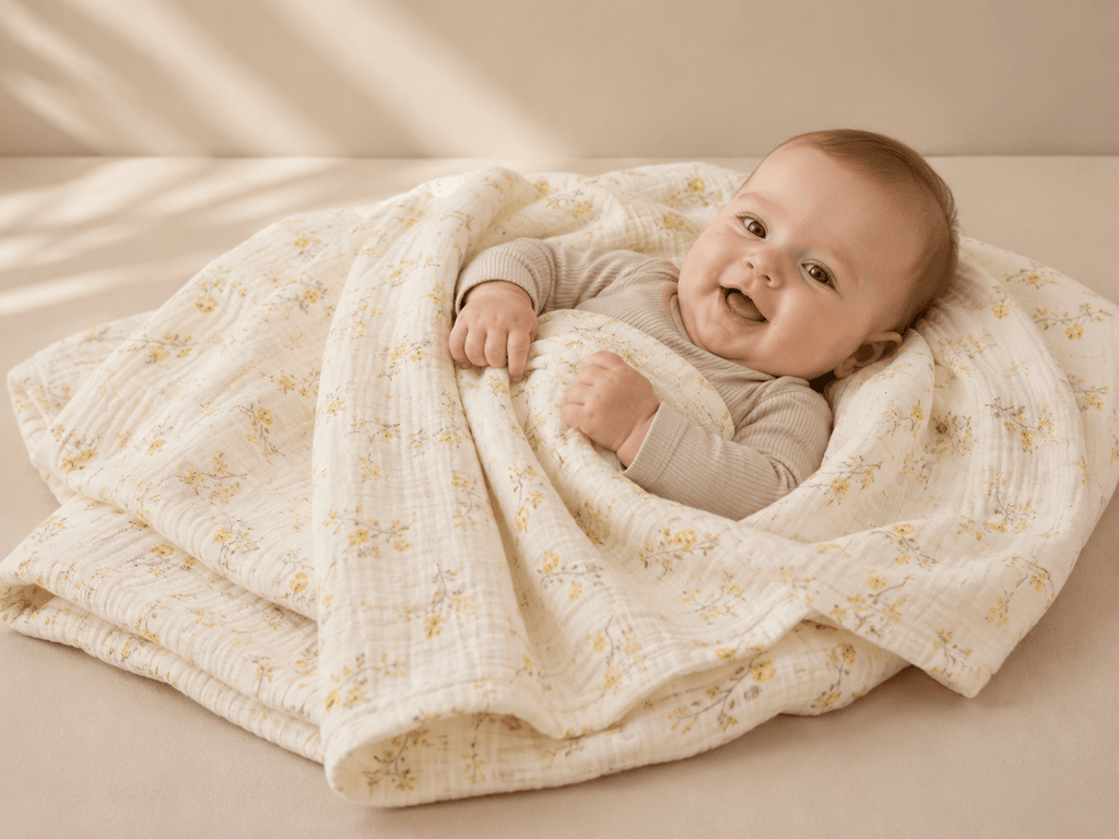 Light flower-themed yellow baby blanket