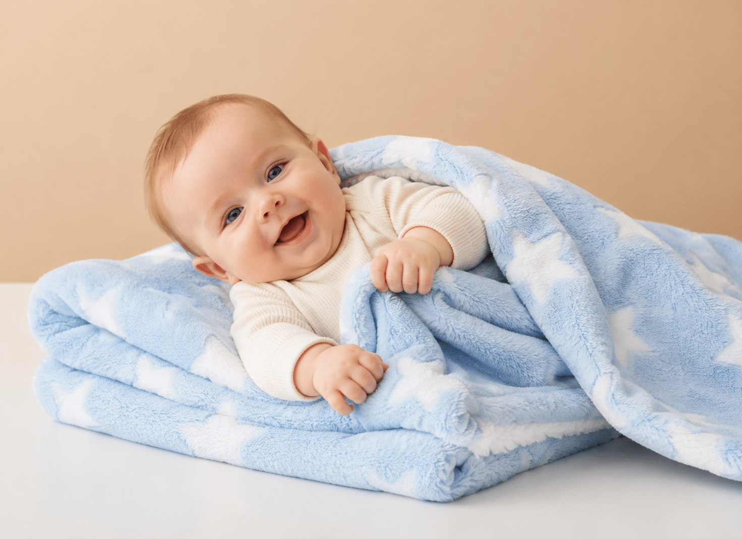 Soft star-themed light blue baby blanket