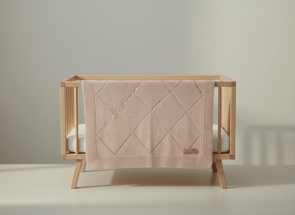 Soft hearth-themed knitted pink baby blanket