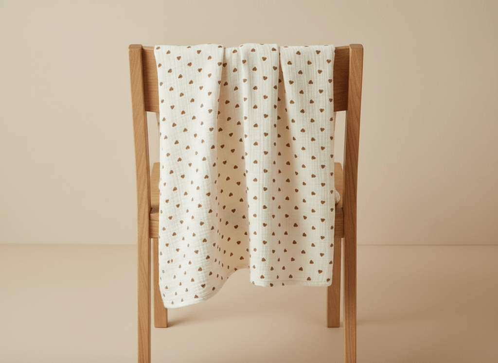 Light heart-themed beige baby blanket