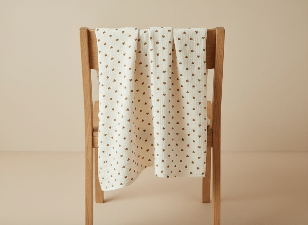 Light heart-themed beige baby blanket