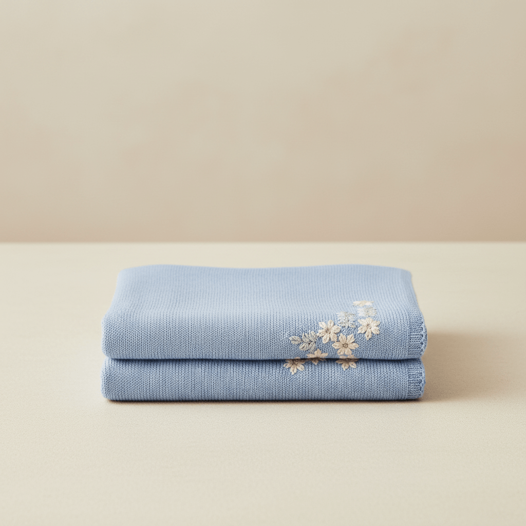 Soft light blue baby blanket with embroided flowers