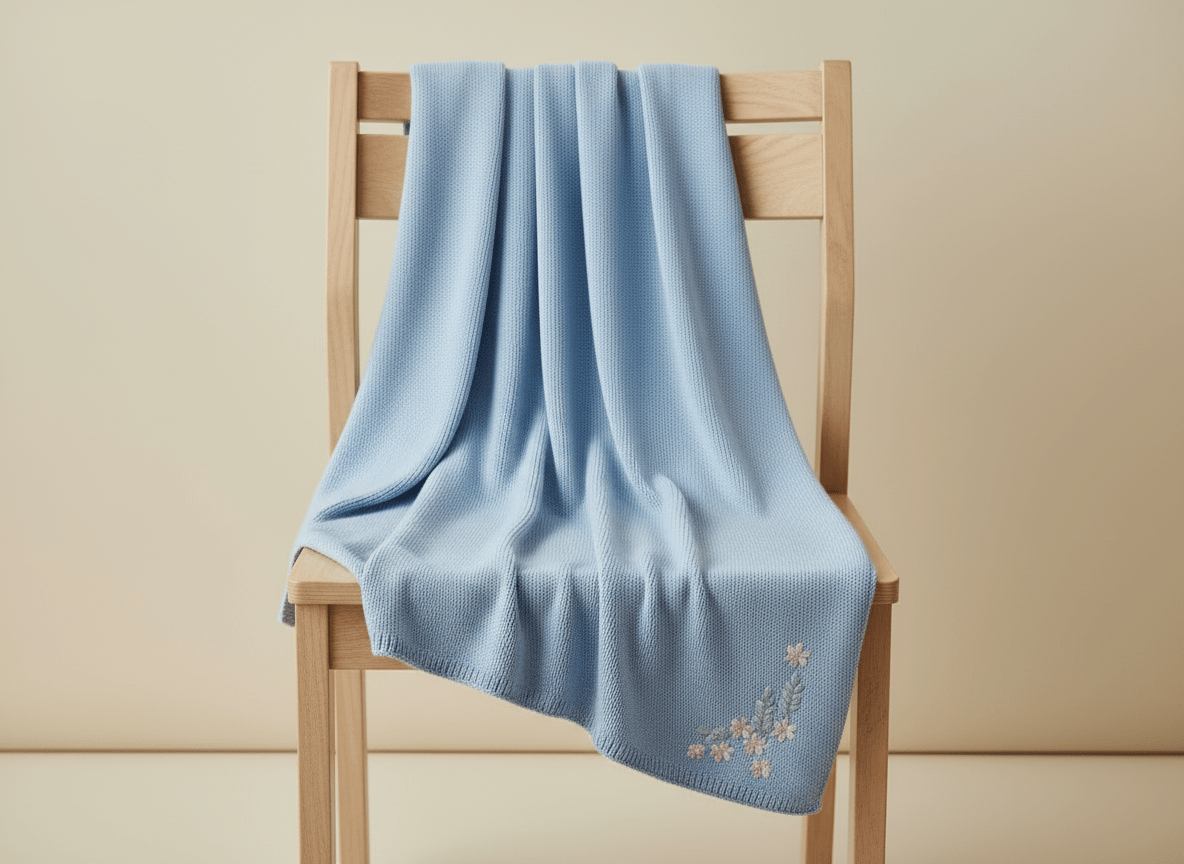 Soft light blue baby blanket with embroided flowers