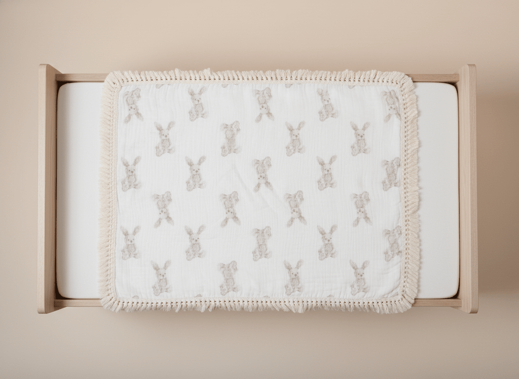 Soft bunny-themed beige baby blanket