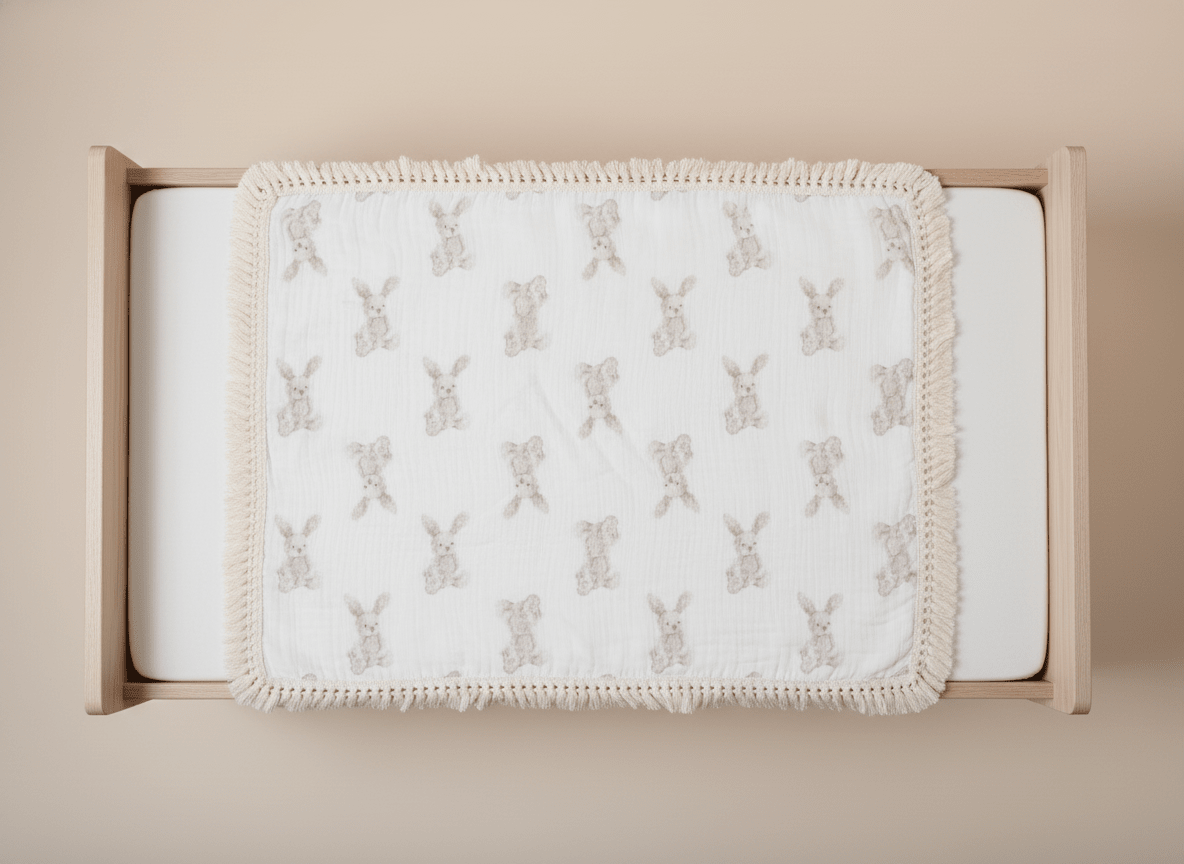 Soft bunny-themed beige baby blanket