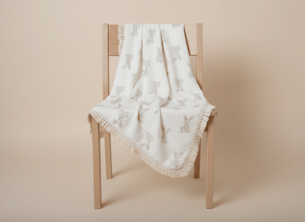 Soft bunny-themed beige baby blanket