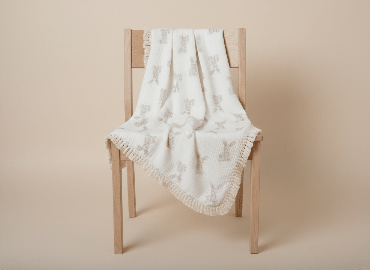 Soft bunny-themed beige baby blanket