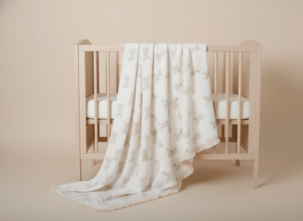 Soft bunny-themed beige baby blanket