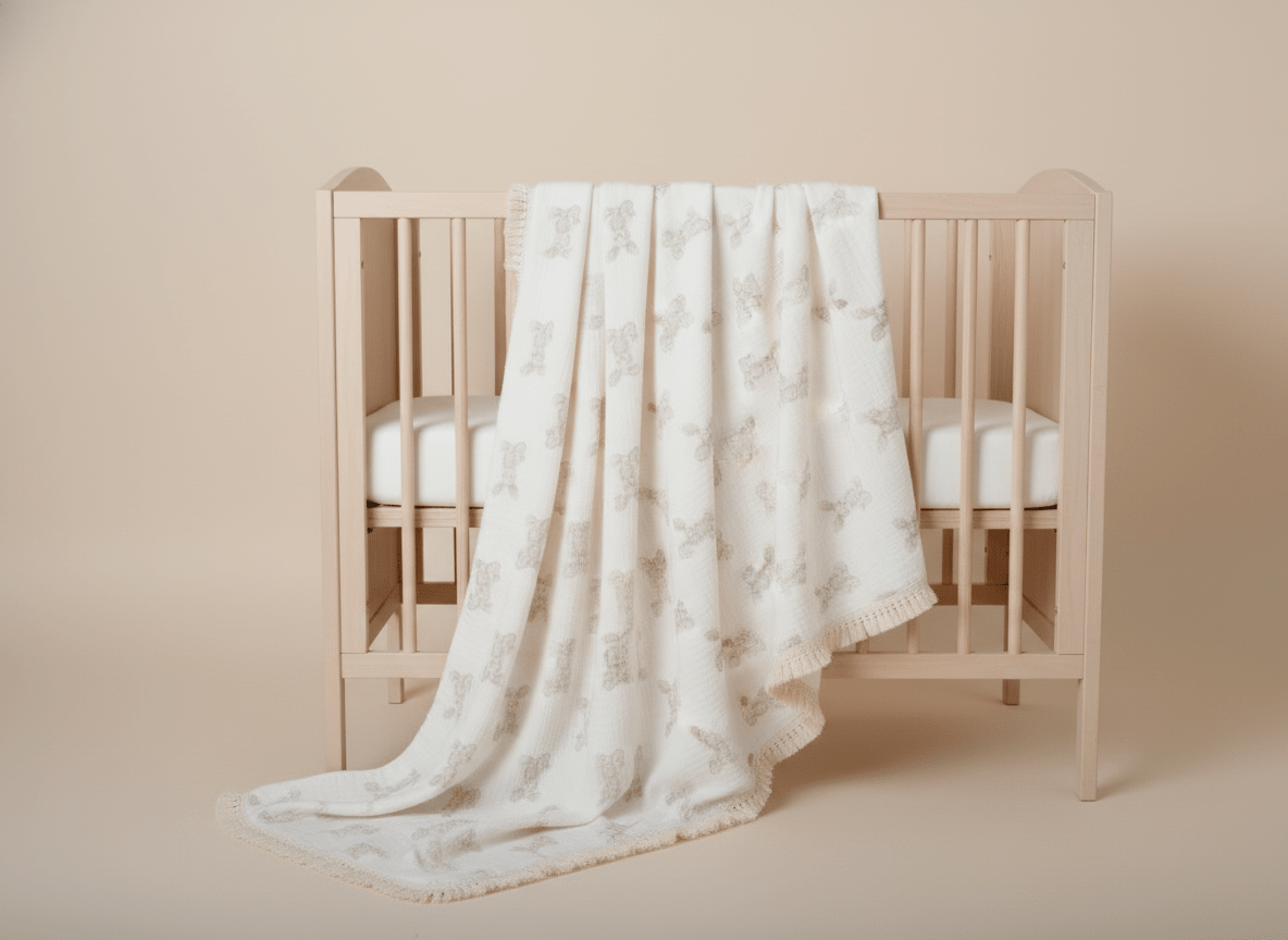 Soft bunny-themed beige baby blanket