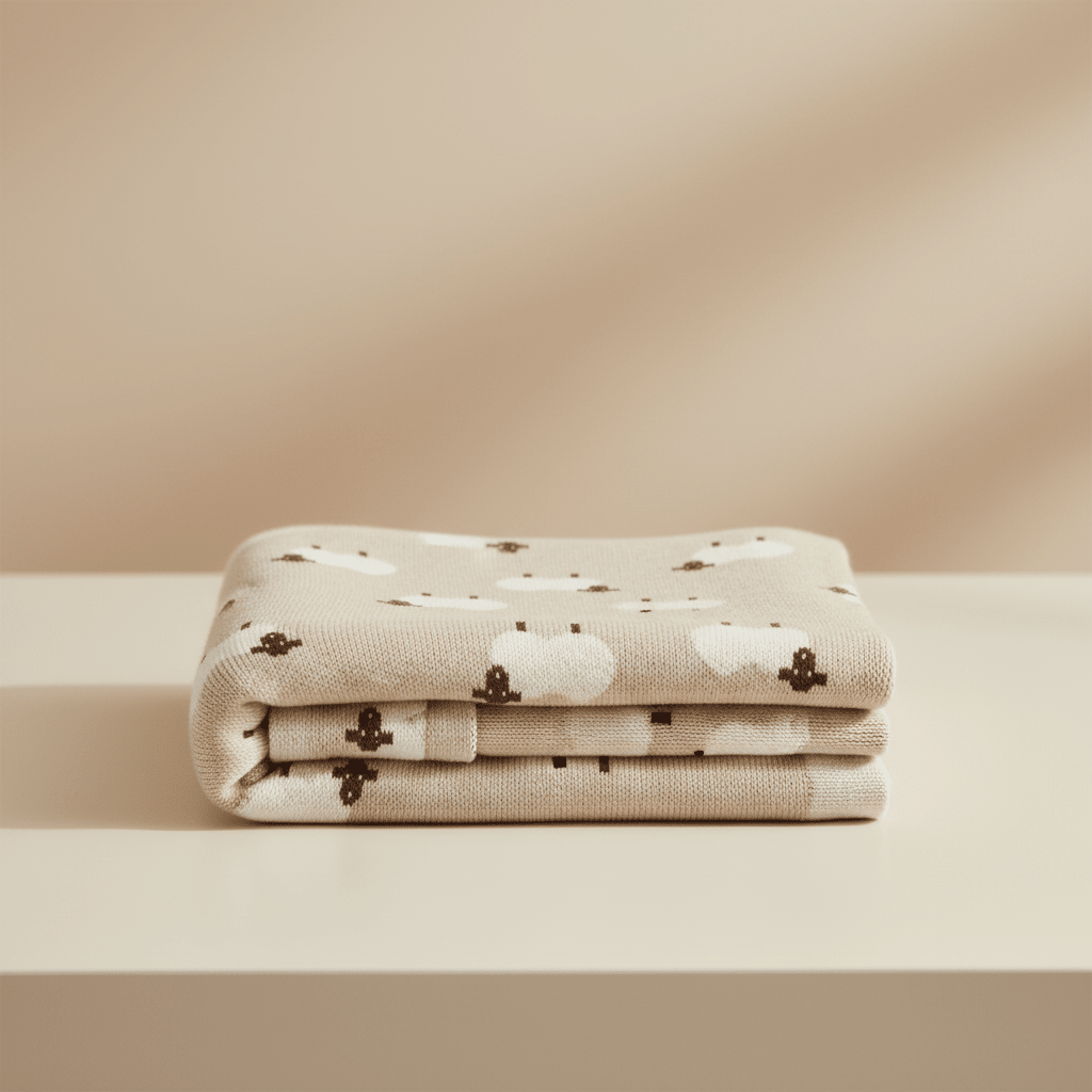 Soft sheep-themed beige baby blanket