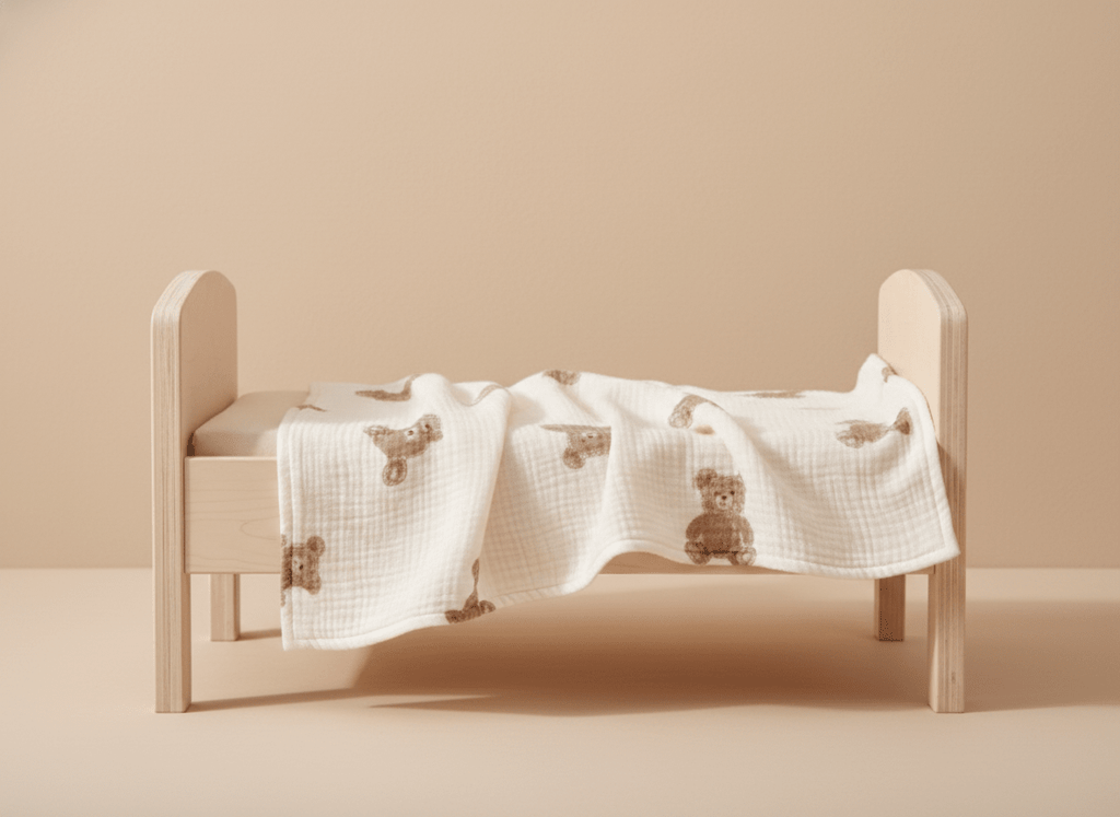 Soft beige bear-themed baby blanket