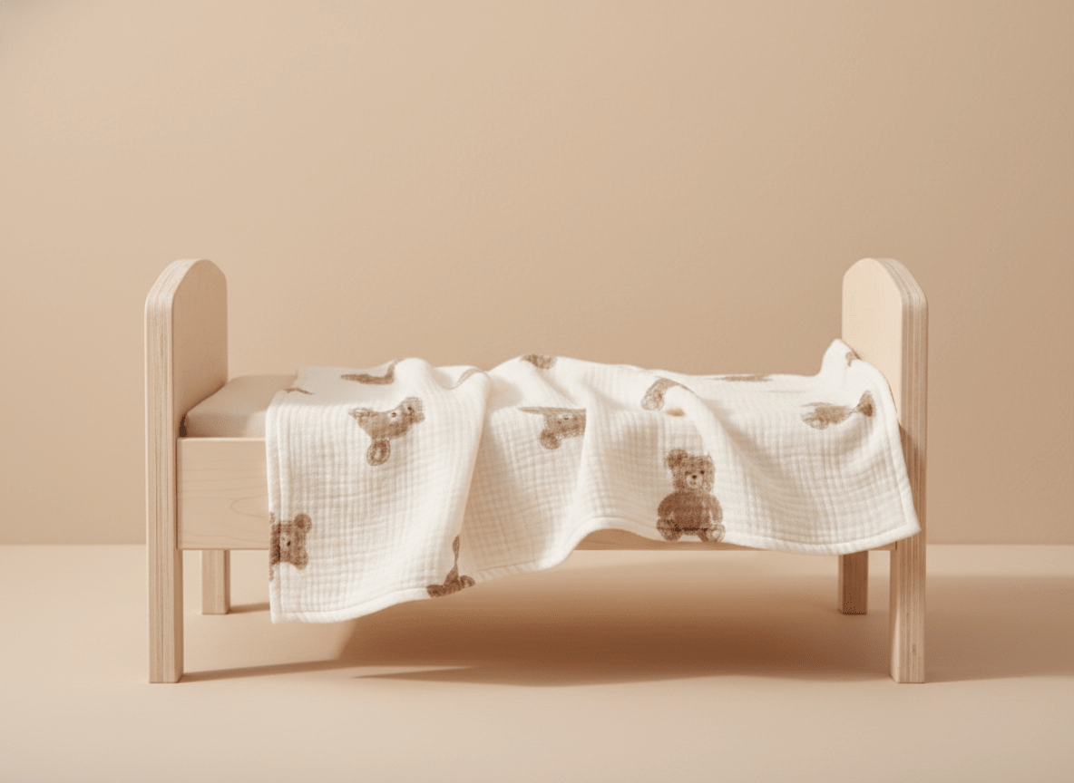 Soft beige bear-themed baby blanket