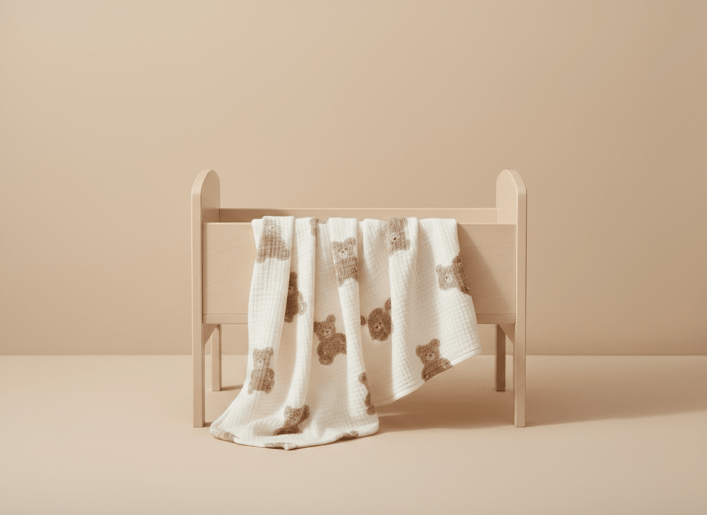 Soft beige bear-themed baby blanket
