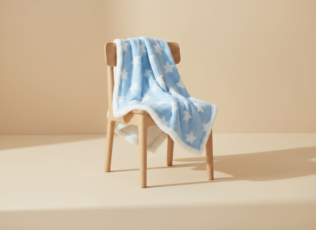 Soft star-themed light blue baby blanket